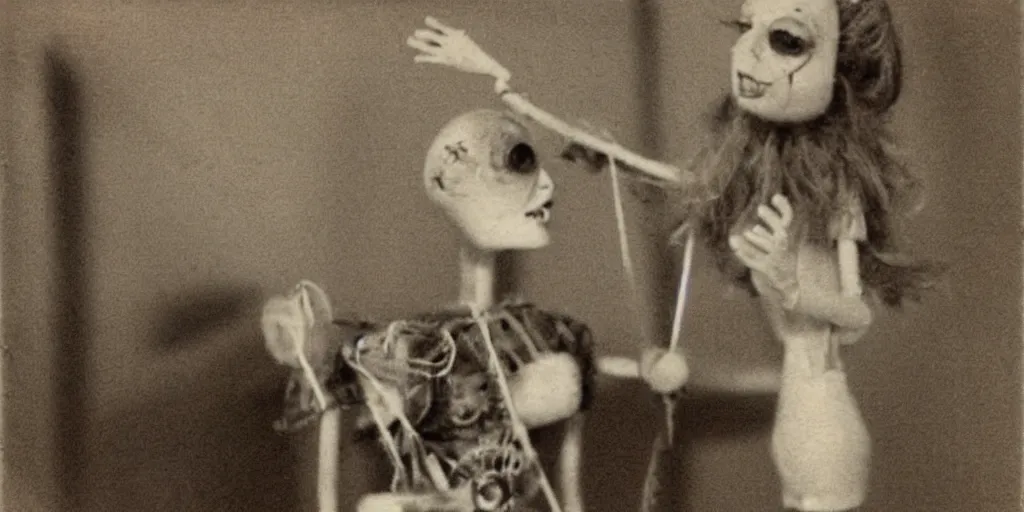 Prompt: 1 9 7 0 s female alive, eerie, creepy masked marionette puppet, unnerving, clockwork horror, pediophobia, lost photograph, dark, forgotten, final photo found before disaster, realistic, polaroid,