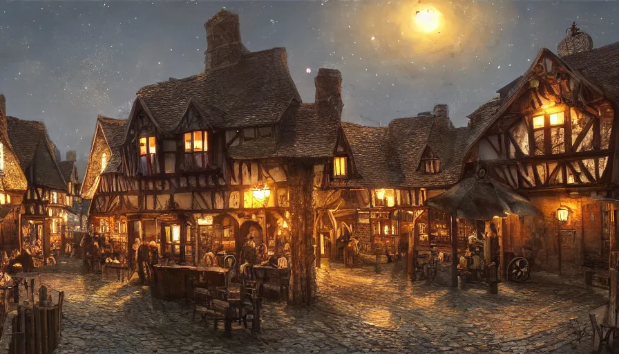 Image similar to Old English medieval village with taverns and restaurants at night paint by Nik Ainley and David Mcleod, hyperdetailed, artstation, cgsociety, 8k
