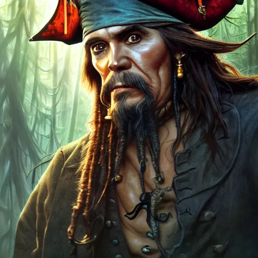 Image similar to photo of davy jones pirates of caribbean with the vladimir lenin face in the forest, highly detailed, digital painting, artstation, smooth, sharp focus, illustration, art by artgerm and greg rutkowski and alphonse mucha