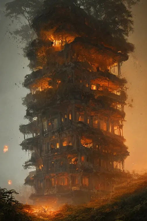 Prompt: a decaying ( ( old library ) ) with a rainforest growing inside, orange - glowing - magical - wisps in air, highly detailed, intricate detail, realistic shaded lighting, beautiful 3 d rendering, octane render, hyperrealistic, trending on artstation, by greg rutkowski and simon stalenhag