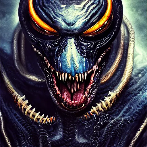 Image similar to portrait of venom, intricate artwork, concept art, octane render, deviantart, cinematic, key art, hyperrealism, iridescent accents, portrait photograph, nikon 3 5 mm, photograph by greg rutkowski