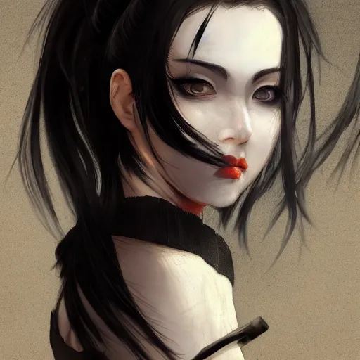 Image similar to heroine, beautiful, sui ishida with black hair, hyperrealistic, highly detailed, 8 k, a real photographic, digital art, character, realistic, portrait, female samurai, symatrical, dark atmospheric lighting, artstation, symetric, lineart