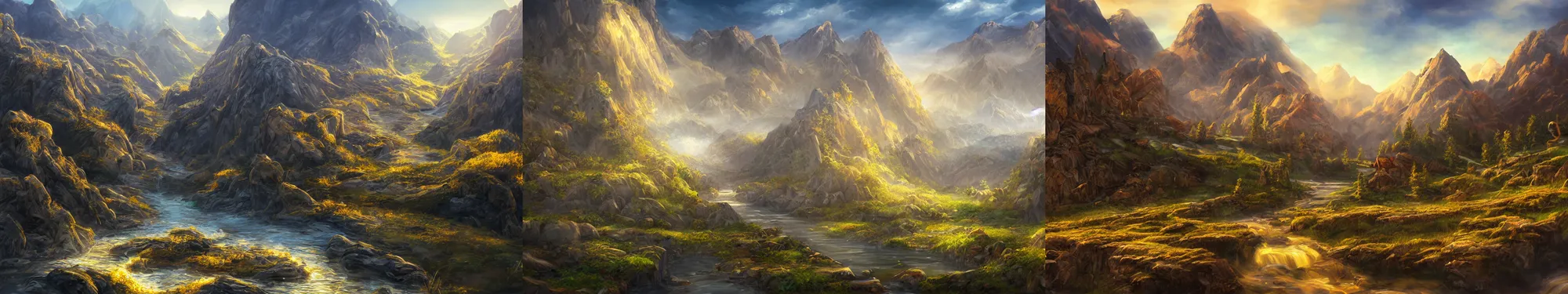 Prompt: landscape, gold pipes, mountains. fantasy, digital painting, hd, detailed.