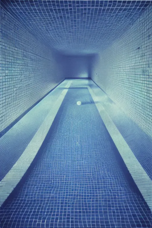 Image similar to non - euclidean tiled swimming pool tunnels into infinity, cubic and right angles, 1 9 6 0 s, color bleed, ektachrome photograph, volumetric lighting, f 8 aperture, cinematic eastman 5 3 8 4 film stanley kubrick