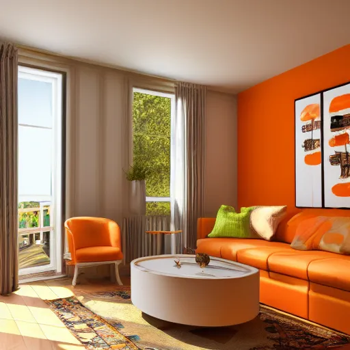 Image similar to interior design of a summer villa, orange and light brown color scheme, vivid lighting, photorealist, 4 k