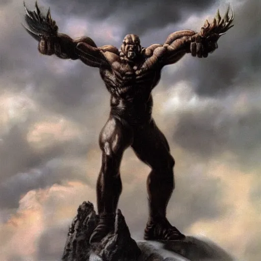 Image similar to By Boris Vallejo, ultra realist 3d soft paint of Yves the small muscled dwarf fully armored during an epic scene, symmetry accurate features, very intricate details, ominous sky, black and white, volumetric light clouds, unreal artstation