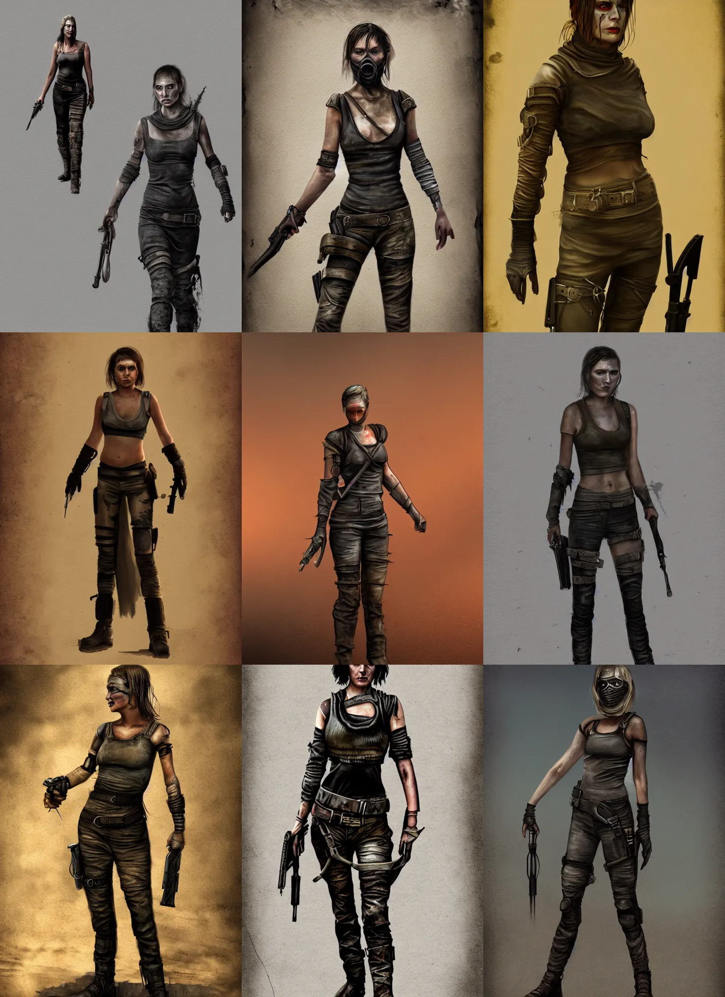 Prompt: flat matte painting of a female mad max in a dystopian world, full body concept