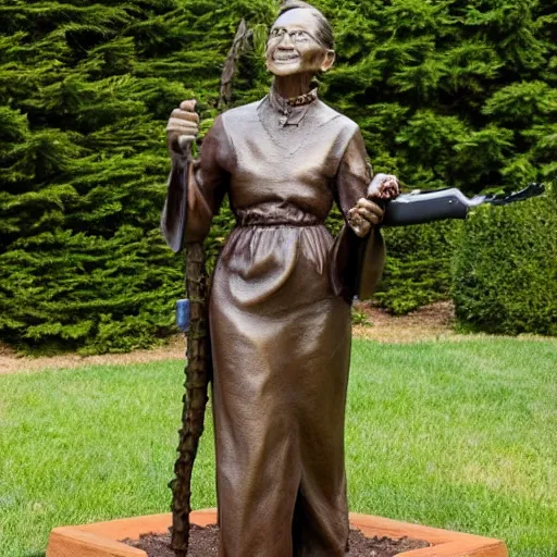 Image similar to bronze statue of Ruth Bader Ginsburg holding a chainsaw over her head