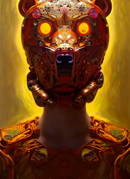 Image similar to organic cyborg, asian bright coloured bear mask opening, diffuse lighting, fantasy, intricate, elegant, highly detailed, lifelike, photorealistic, digital painting, artstation, illustration, concept art, smooth, sharp focus, art by John Collier and Albert Aublet and Krenz Cushart and Artem Demura and Alphonse Mucha