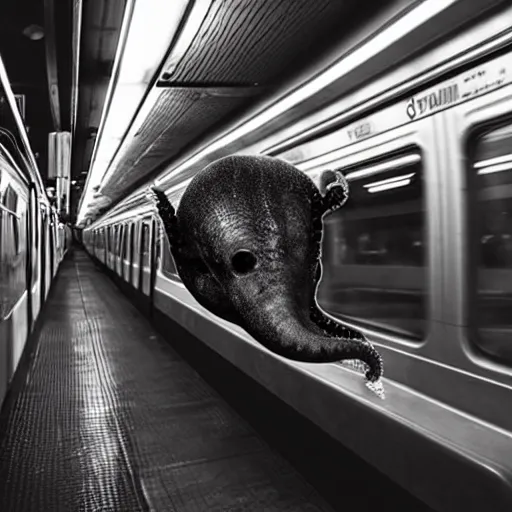 Prompt: a photo of a giant octopus invading a interior of a subway train in new york, cinematic lighting