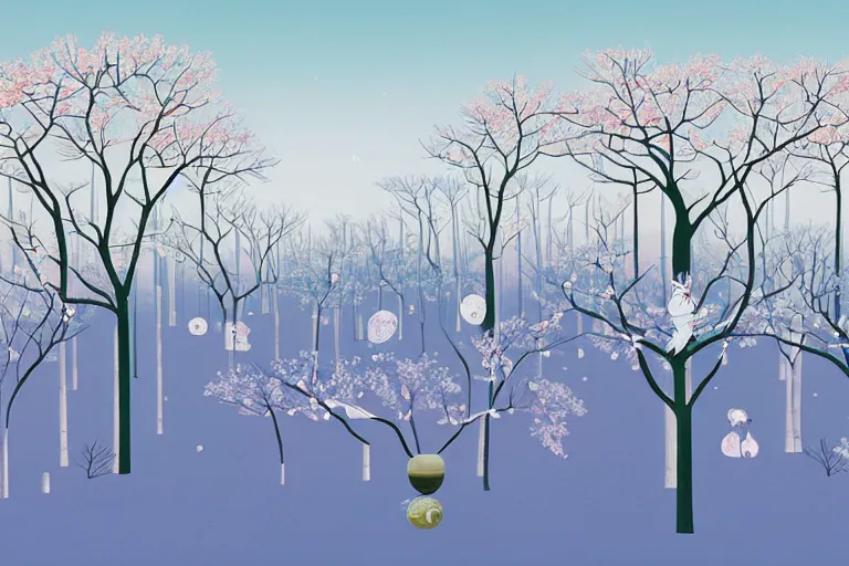 Prompt: A surreal winter forest landscape with barren sakura trees by Chiho Aoshima and Salvador Dali