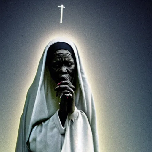 Image similar to a black nun smoking a joint and puffing lots of smoke, by Beksinski, lens flares, minimalistic background