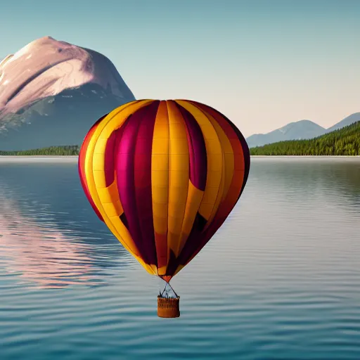 Image similar to realistic extremely detailed photo of a hot air balloon flying above a beautiful reflective mountain lake, two black swans swimming in the lake, touching heads, forming a heart with their necks, granular detail, holographic krypton ion, octane render, 4k, f32,55mm photography, wide angle