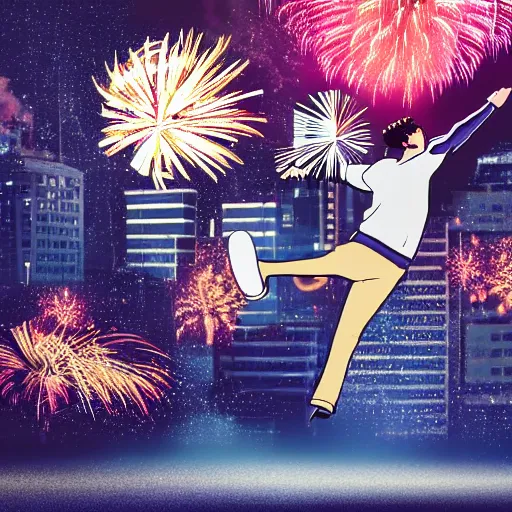 Prompt: visually striking character jumping between rooftops in a cool fashion during new years fireworks