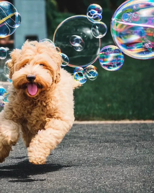 Image similar to stock photos of a golden doodle puppy chasing after giant soap bubbles in a studio