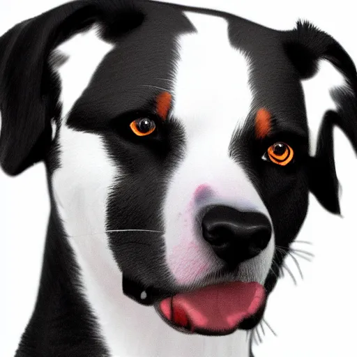 Prompt: a black and white dog mixed with american staffordshire terrier papillon german shepherd treeing walker coonhound, digital art