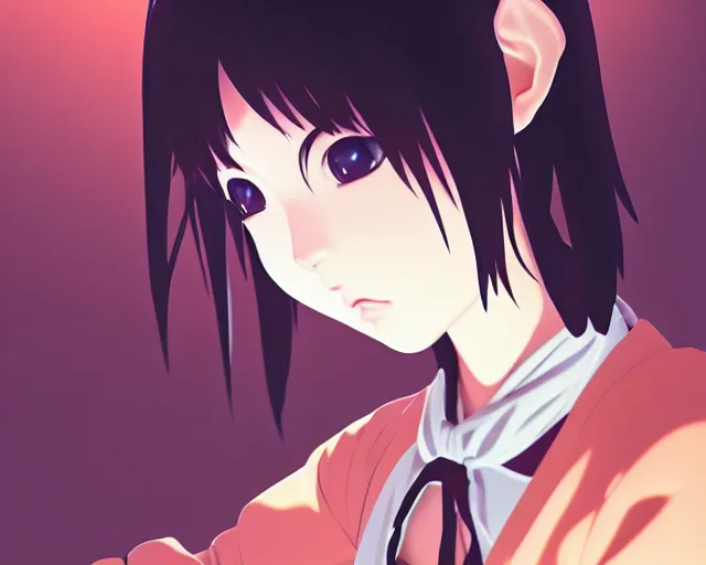 Image similar to anime visual, portrait of a young beautiful pregnant demon hunter in a temple interior, cute face by yoh yoshinari, katsura masakazu, cinematic luts, cold studio lighting, dynamic pose, dynamic perspective, strong silhouette, anime cels, ilya kuvshinov, cel shaded, crisp and sharp, rounded eyes, moody