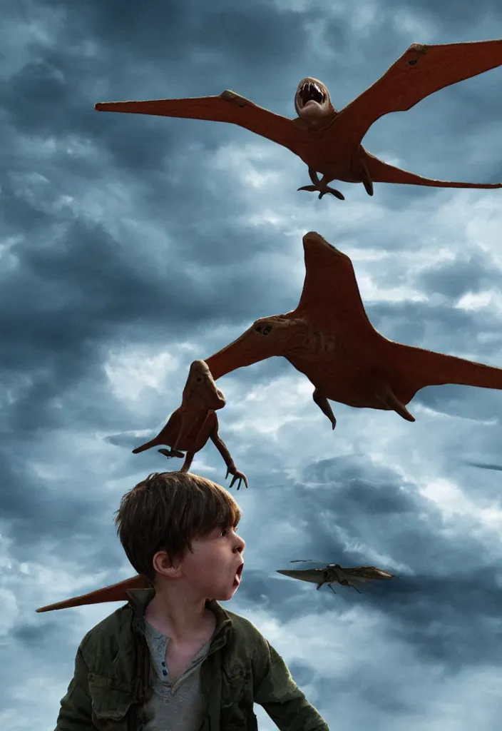 Image similar to a scared child looking at a pterodactyle flying in the sky in the style of a movie poster, realistic, super detailed, cinematographic, epic lighting