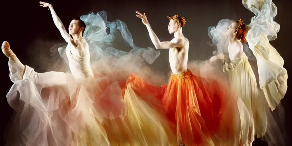 Image similar to realistic photography of dancers with long gorgeous clothes , renaissance epic scene . Fluidity, elegance, beauty, colorful smoke in the stage. high details. by CHRISTY LEE ROGERS