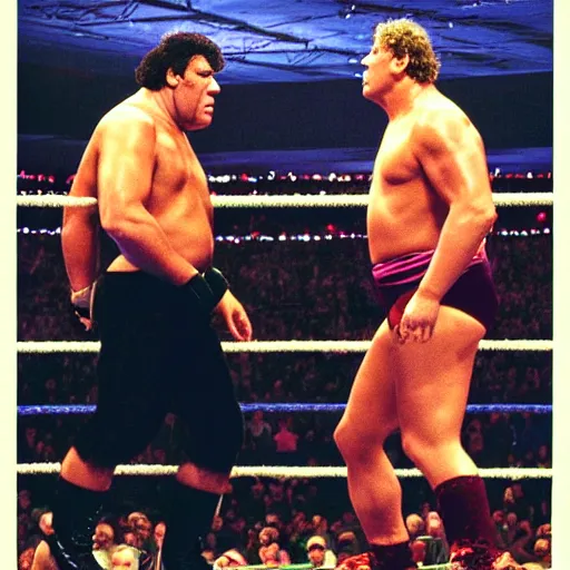 Image similar to WWE poster for the shrek vs andre the giant fight at wrestlemania 8, dramatic lighting, 8k amazing photograph,