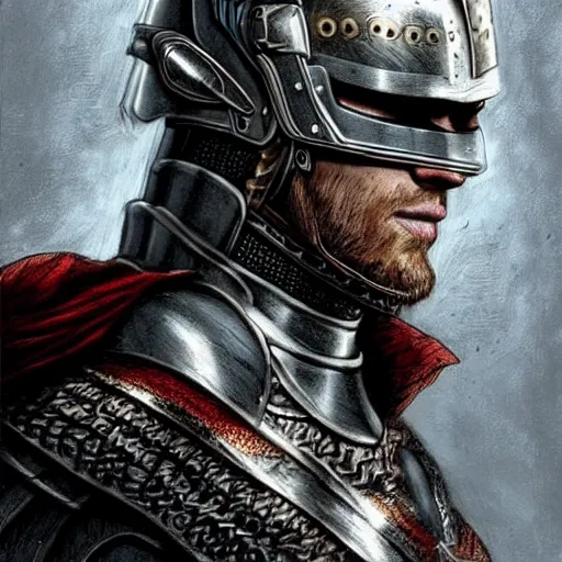 Image similar to a portrait of a medieval knight drawn in the style of jim lee, face of chris hemsworth with a short beard and short blonde hair, trending on artstation, realistic, detailed