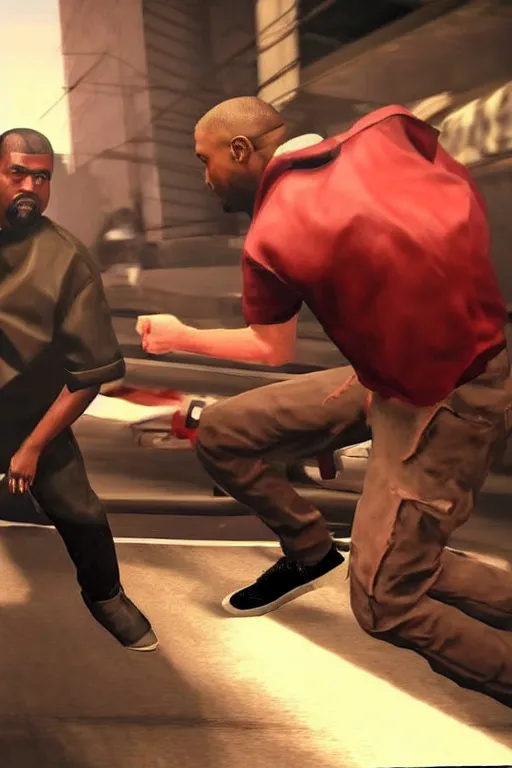 Prompt: kanye west having a fistfight with lester crest from gta v, lester crest, lester from gta v, gta lester, gameplay, grand theft auto v, strong dramatic cinematic lighting, blood red sky, smooth, sharp focus, extremely detailed