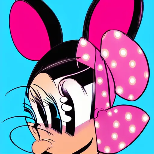 Prompt: Futuristic portrait of cyber Minnie Mouse, pastel colours, highly detailed face, digital art by Antoni Tudisco