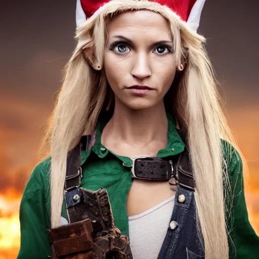 Image similar to close up headshot of a skinny female high-fantasy elf with a long face narrow chin and short spiky blonde hair wearing dark brown overalls and holding a bomb next to a destroyed car, gel spiked blond hair, small ears, narrow lips, high resolution film still, HDR color