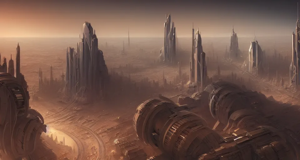 Image similar to cinematic shot, futuristic city on the mars made of tiered disks, utopian, digital painting, artstation, concept art, smooth, sharp focus, illustration, intricate, elegant, highly detailed, in the style of greg rutkowski and alphonse mucha and artemisia, 8 k, highly detailed, jurgens, rutkowski