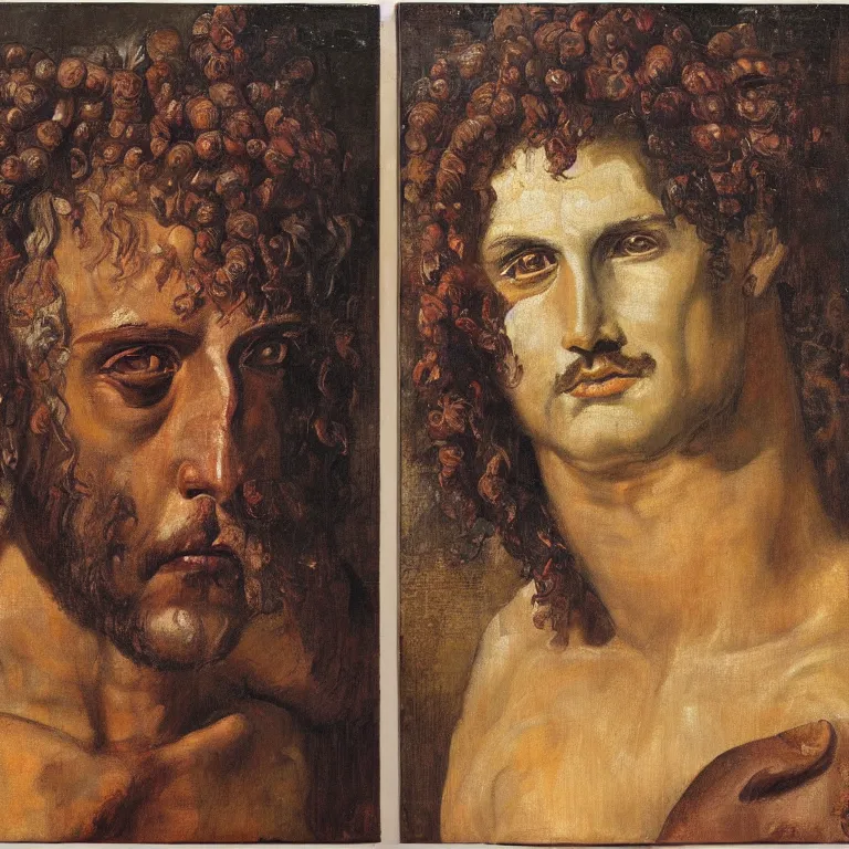 Image similar to portrait, headshot, of Dionysus, the Greek god of wine, heartbroken by 20th-century artist Francis Bacon triptych , high detail