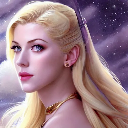 Image similar to A combination of Katheryn Winnick's and Grace Kelly's and Katherine McNamara's faces with blonde hair as Sailor Moon, western, D&D, fantasy, intricate, elegant, highly detailed, digital painting, artstation, concept art, matte, sharp focus, illustration, art by Artgerm and Greg Rutkowski and Alphonse Mucha