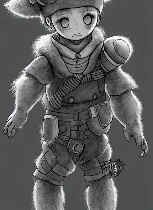 Image similar to beautiful little boy wearing an cyborg bear suit, artwork in kentaro miura and made in abyss and rosdraws, smooth, beautiful lightness, anatomically correct, trending on pixiv, forest