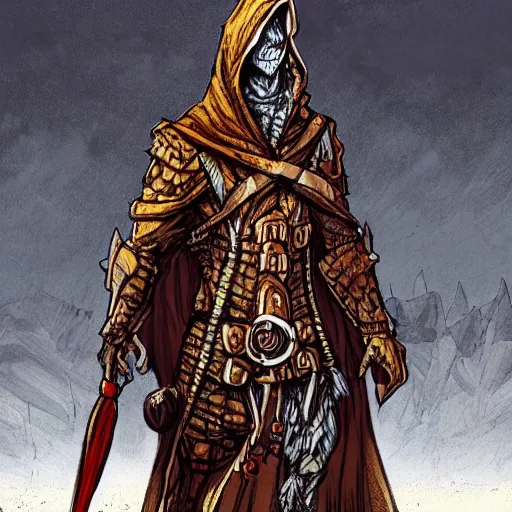 Image similar to anthro lizard warrior wearing cloak and hood, dnd illustration by enki bilal and dan mumford, character concept trending on artstation