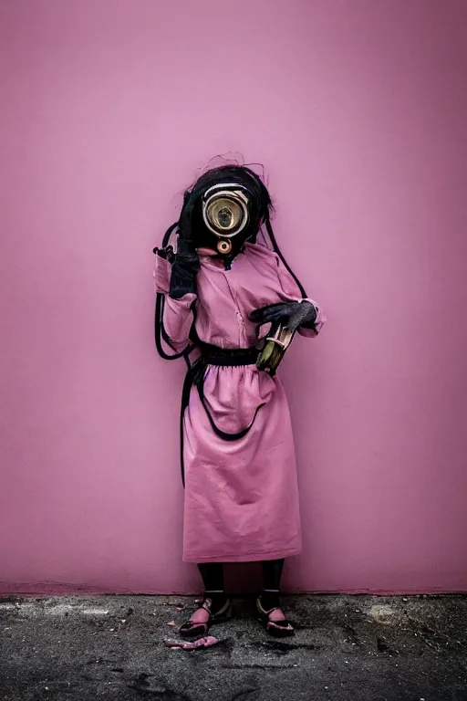Image similar to a surreal portrait of a woman wearing a gas mask stuck in trash next to a pink wall in the style of brooke didonato, editorial fashion photography from vogue magazine, full shot, nikon d 8 1 0, ƒ / 2. 5, focal length : 8 5. 0 mm, exposure time : 1 / 8 0 0, iso : 2 0 0