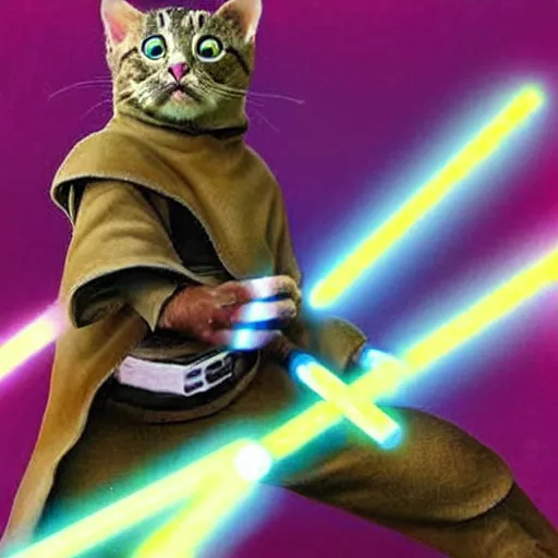 Image similar to jedi cats with human legs having lightsaber fight