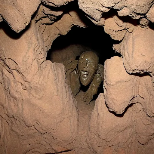 Image similar to found footage of a humanoid made of wet clay emerging from a wall inside of a cave made of wet clay, creepy, flash photography, unsettling, moist, low quality, dark environment, cavern, spelunking