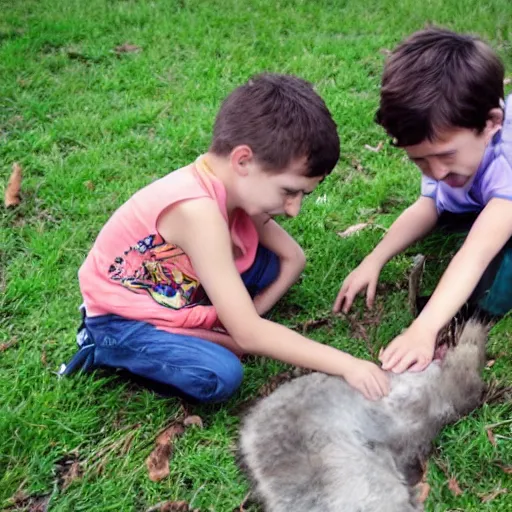 Image similar to two kids discovering an animal that does not exist