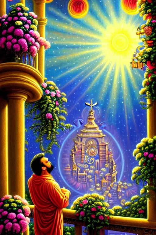 Prompt: a photorealistic painting of a man looking over a sacred balcony with flowers and jewels, heavenly view of the afterlife, spiritual, divinity, utopian, ornate, isometric, by david a. hardy, kinkade, lisa frank, wpa, public works mural, socialist by johfra bosschart, dark fantasy art, high detail, trending on artstation