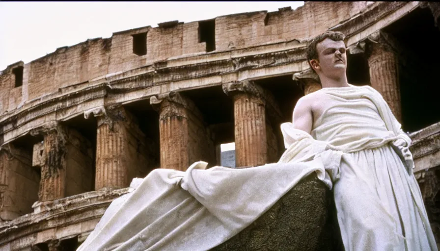 Image similar to 1 9 6 0 s movie still close - up of caligula in a white toga dead on the ancient amphitheater's stairs, cinestill 8 0 0 t 3 5 mm, high quality, heavy grain, high detail, dramatic light, anamorphic, blood