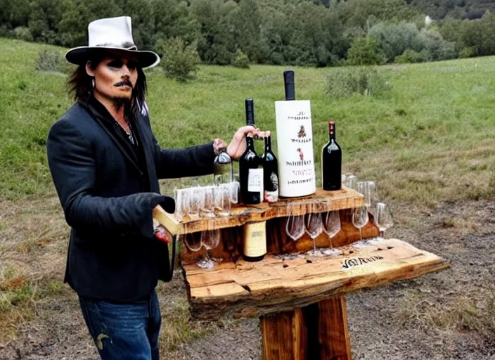 Image similar to jonney depp selling mega pints of wine at a makeshift wood stand, realistic, detailed