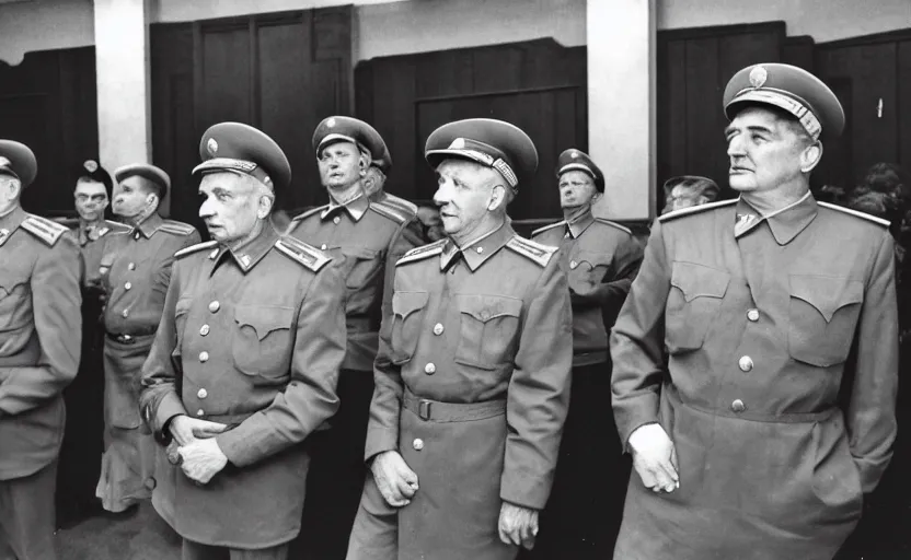 Image similar to 50s movie still of very diverse soviet generals officers marshal and politics head with very detailed faces in a stalinist parlement, by Alexei Guerman, Cinestill 800t 35mm black and white, heavy grainy picture, very detailed, high quality, 4k, HD criterion, precise texture, diverse faces, diverse haircuts, diverse ages, each faces precisely define