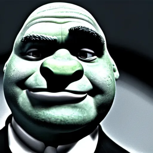 Prompt: shrek as michael in the godfather, realistic photo, 1 9 8 0, old movie, film grain, 1 6 mm, spectacular