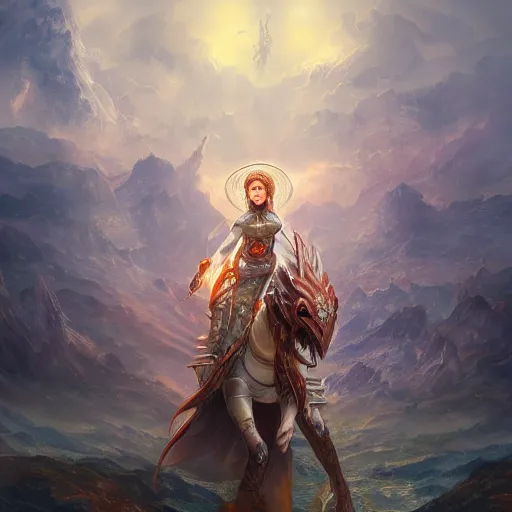 Prompt: breathtaking detailed concept art painting of young girl in armor standing on the back of a dragon, orthodox saint ornate background, by hsiao - ron cheng, very bright lights, 8 k