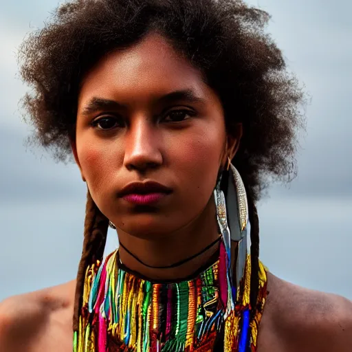 Image similar to closeup photo of a young american tribal woman in the style of rosie matheson