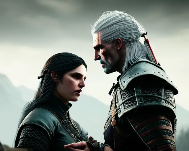 Image similar to 5 5 mm portrait photo of geralt arguing with yennefer. magical atmosphere. art by greg rutkowski. highly detailed 8 k. intricate. lifelike. soft light. nikon d 8 5 0.