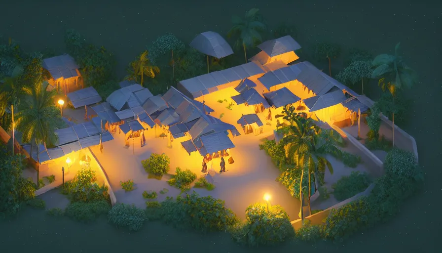 Image similar to a low poly isometric render of moonlit kerala village, with kerala motifs, intricate, elegant, smooth shading, soft lighting, illustration, simple, solid shapes, concept art, by magali villeneuve, jeremy lipkin and michael garmash, rob rey and kentaro miura style, octane render