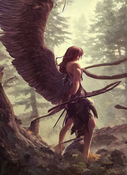 Image similar to a female anthropomorphic eagle warrior. She has two wings on her back. Forest, clearing. Full shot, wings are focus. Atmospheric lighting, By Makoto Shinkai, Stanley Artgerm Lau, WLOP, Rossdraws, James Jean, Andrei Riabovitchev, Marc Simonetti, krenz cushart, Sakimichan, D&D trending on ArtStation, digital art.