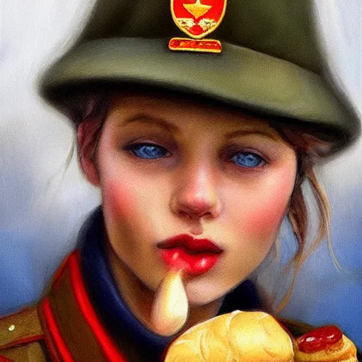 Prompt: high detail portrait oil painting illustration of beuatiful girl as soviet red army soldier eating hot baked bun, in khaki ww 2 tunic, no hat, by justin sweet with face and body clearly visible, in a scenic background, pupils visible, realistic proportions, artstation trending, high quality, sombre mood, artstation trending, muted colours, entire person visible!