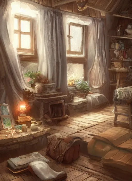 Image similar to beautiful interior of a cozy cottage, in the style of marco bucci, trending on artstation