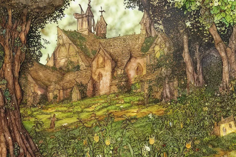 Prompt: an elaborate and dense painting of the peaceful redwall abbey in mossflower wood, detailed, made of alcohol ink on parchment and penned illustrations, by brian jacques and jean baptiste monge